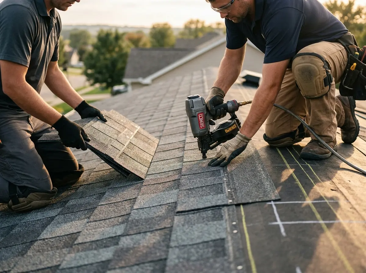 Professional roofer working on a residential roof in Clarkdale